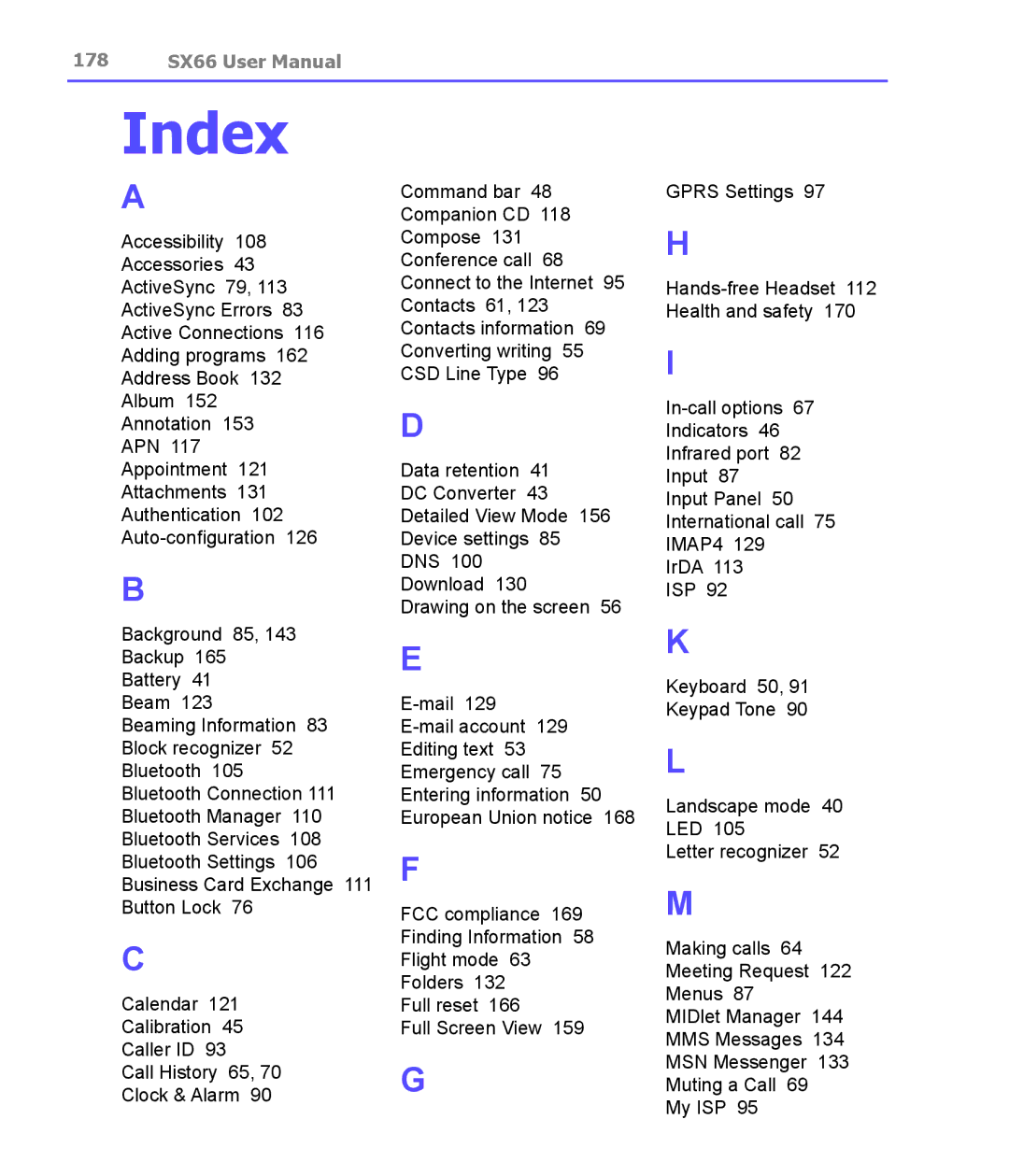 Siemens SX66 manual Index 