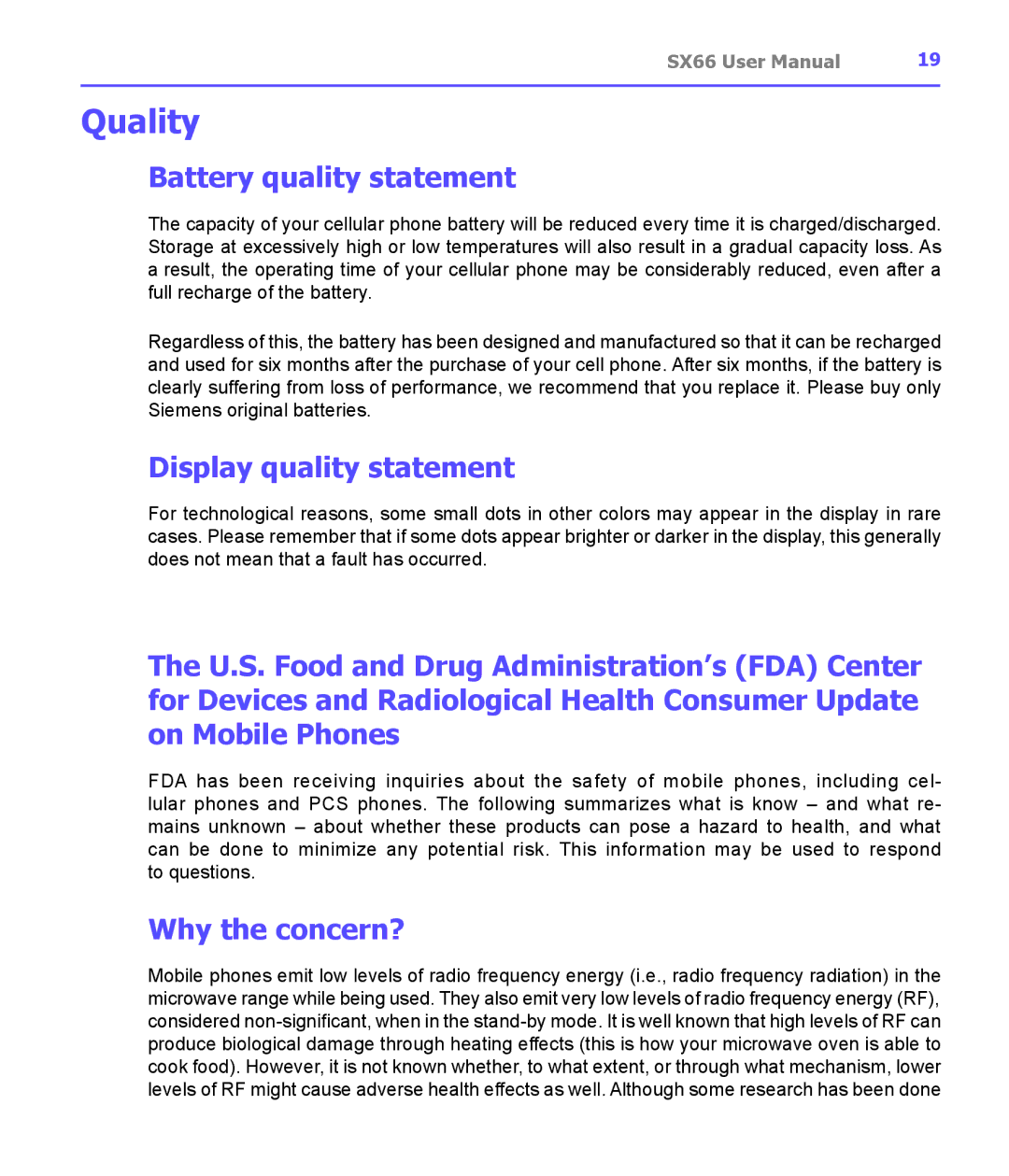 Siemens SX66 manual Quality, Battery quality statement, Display quality statement, Why the concern? 