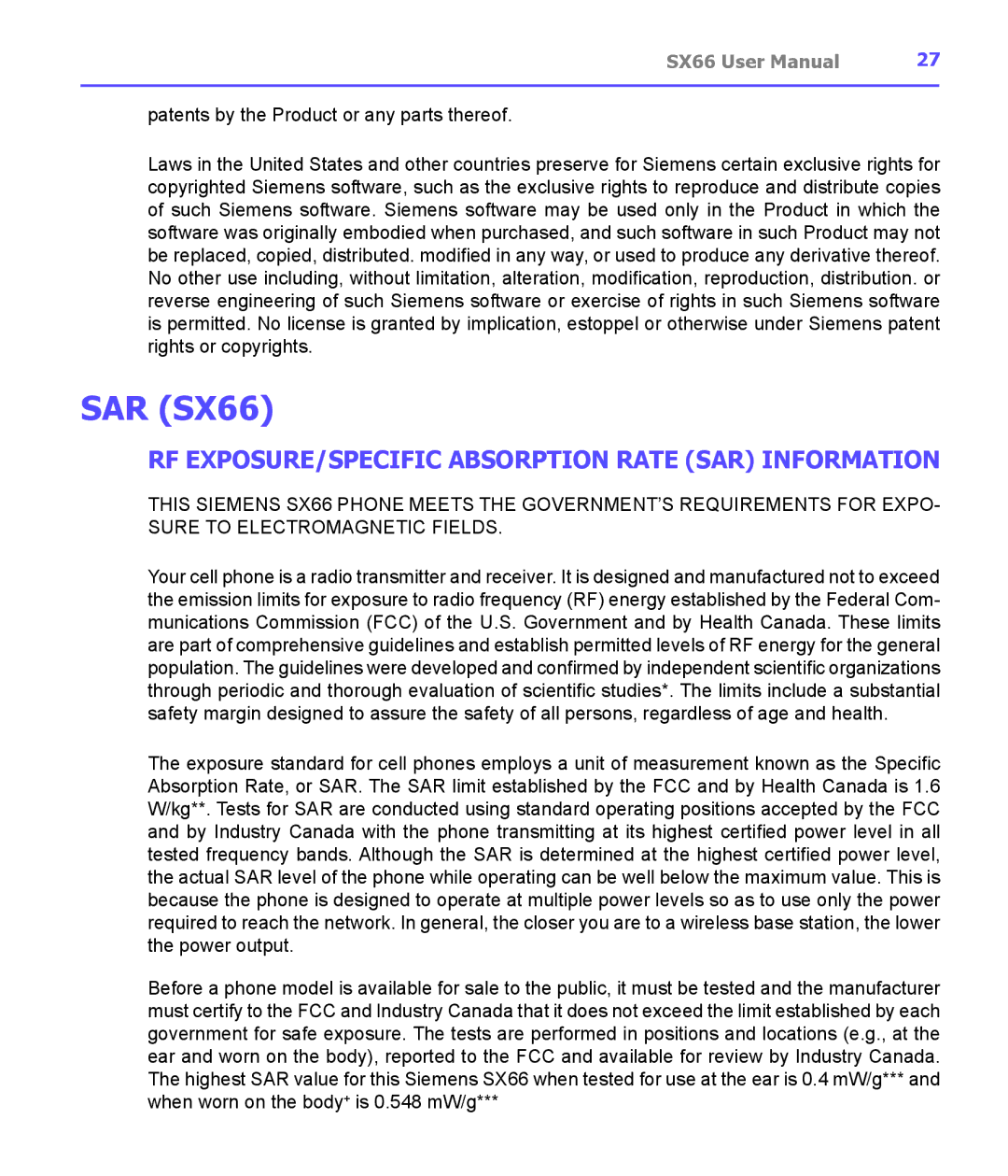 Siemens manual SAR SX66, RF EXPOSURE/SPECIFIC Absorption Rate SAR Information 