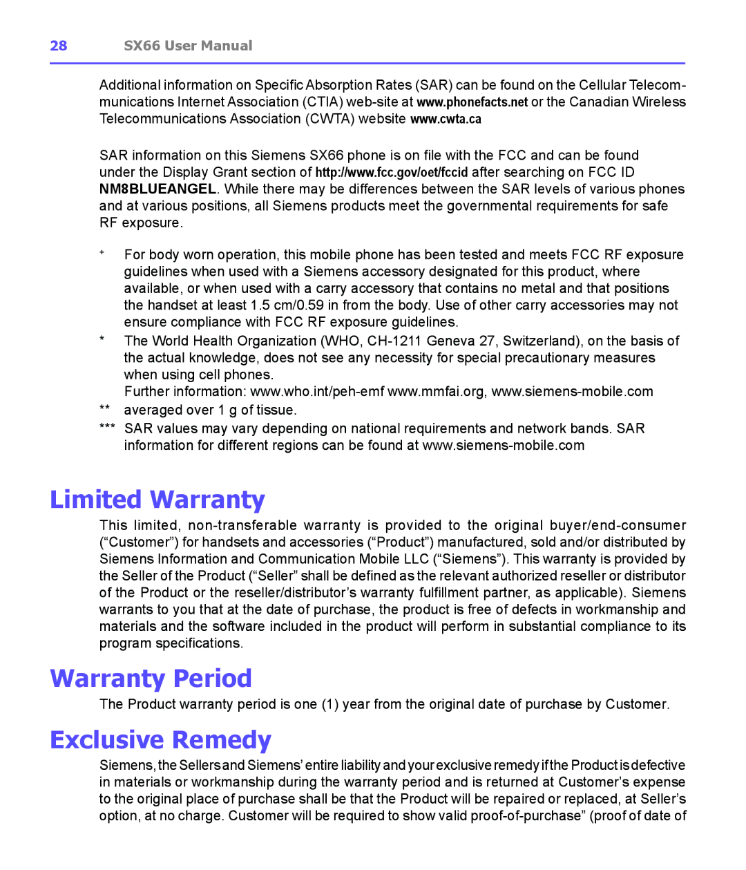 Siemens SX66 manual Limited Warranty, Warranty Period, Exclusive Remedy 