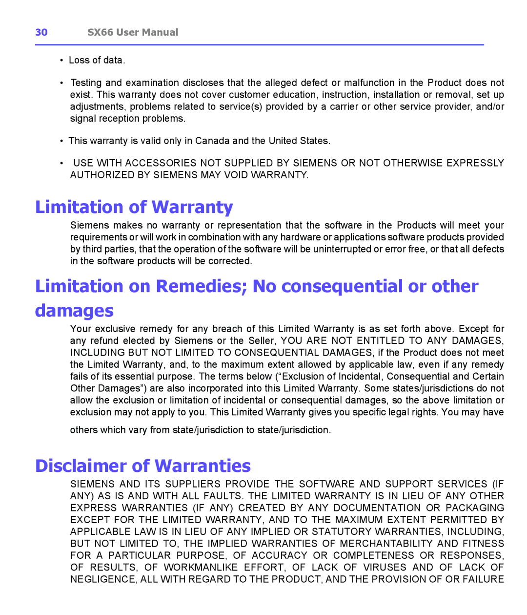 Siemens SX66 Limitation of Warranty, Limitation on Remedies No consequential or other damages, Disclaimer of Warranties 