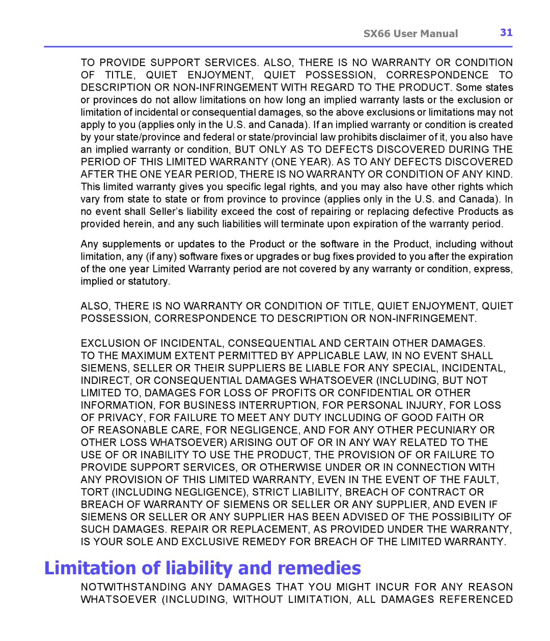 Siemens SX66 manual Limitation of liability and remedies 