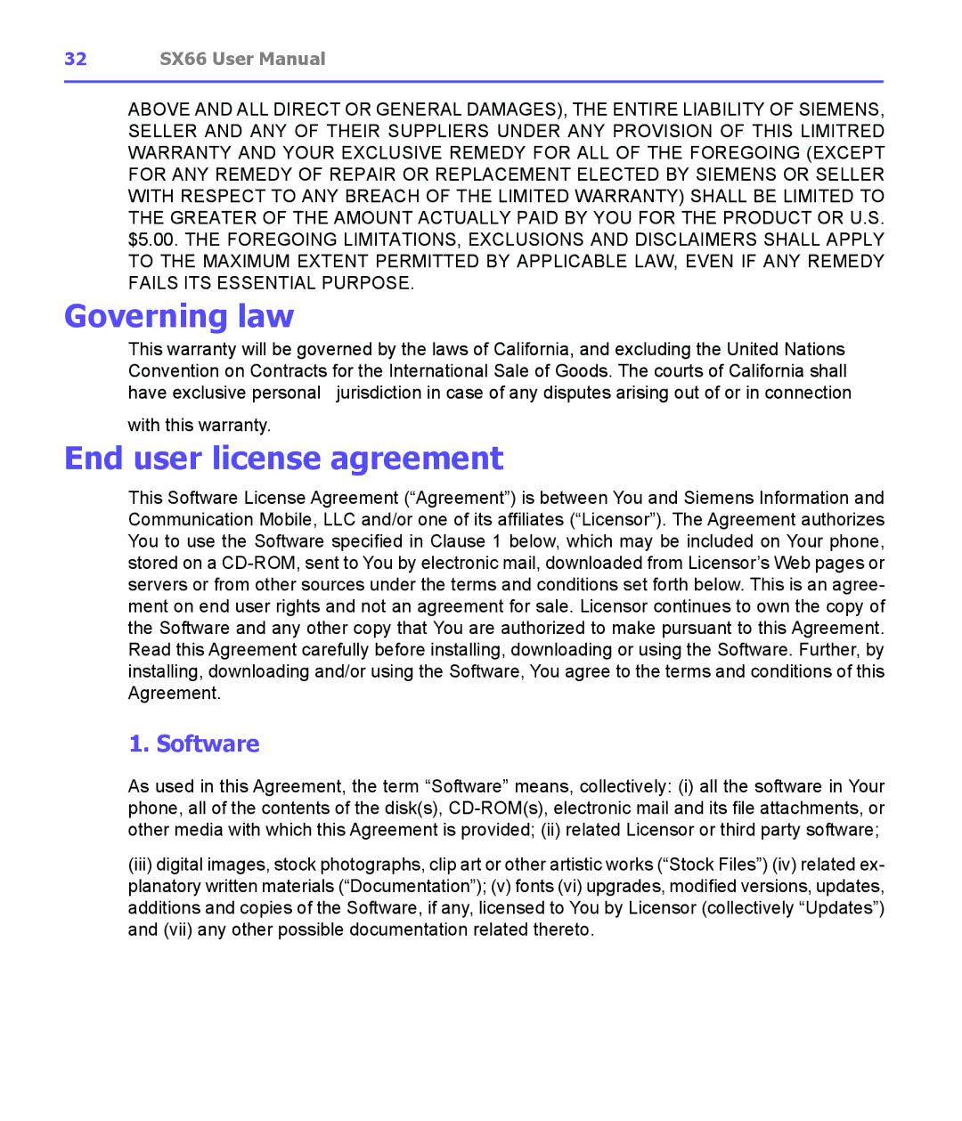 Siemens SX66 manual Governing law, End user license agreement, Software 