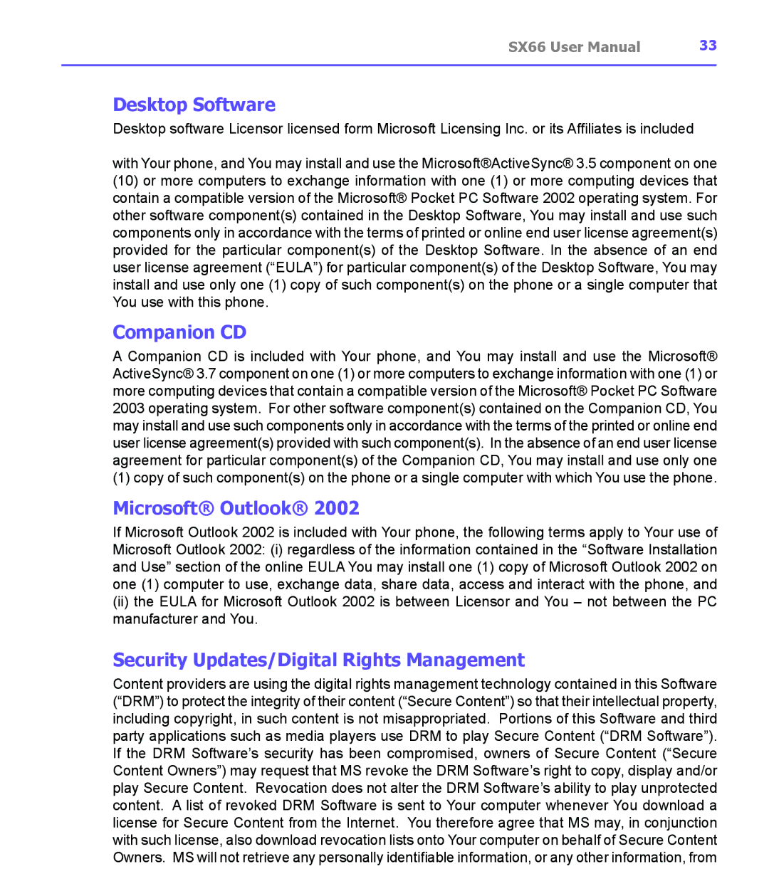 Siemens SX66 manual Desktop Software, Companion CD, Microsoft Outlook, Security Updates/Digital Rights Management 