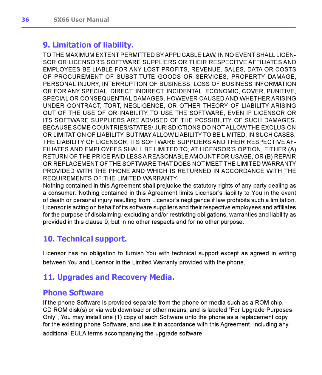 Siemens SX66 manual Limitation of liability, Technical support, Upgrades and Recovery Media Phone Software 