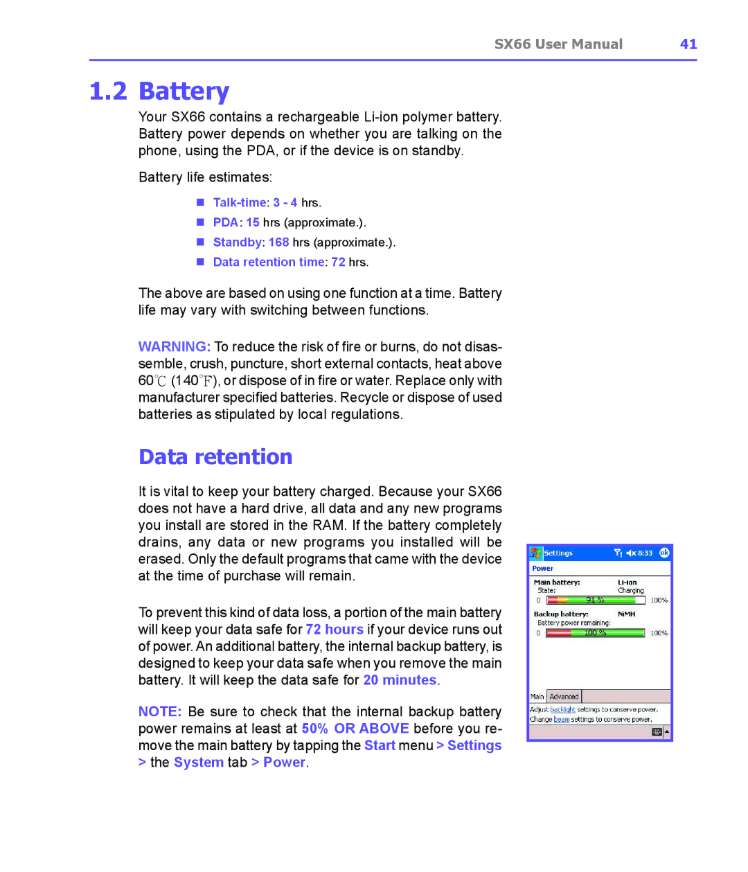 Siemens SX66 manual Battery, Talk-time3 4 hrs, Data retention time 72 hrs 