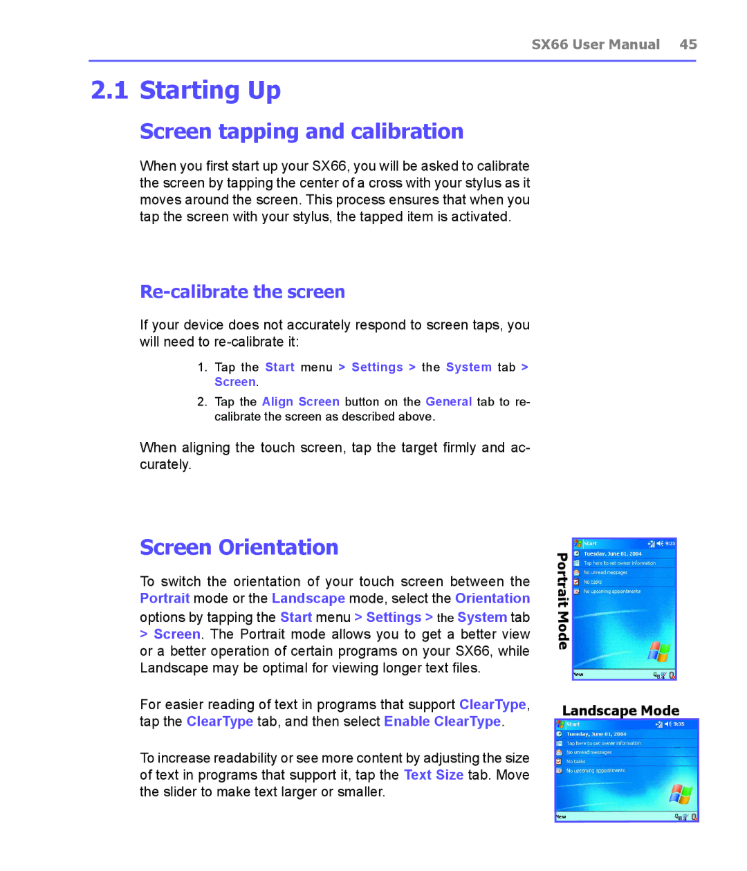 Siemens SX66 manual Starting Up, Screen tapping and calibration, Screen Orientation, Re-calibrate the screen 