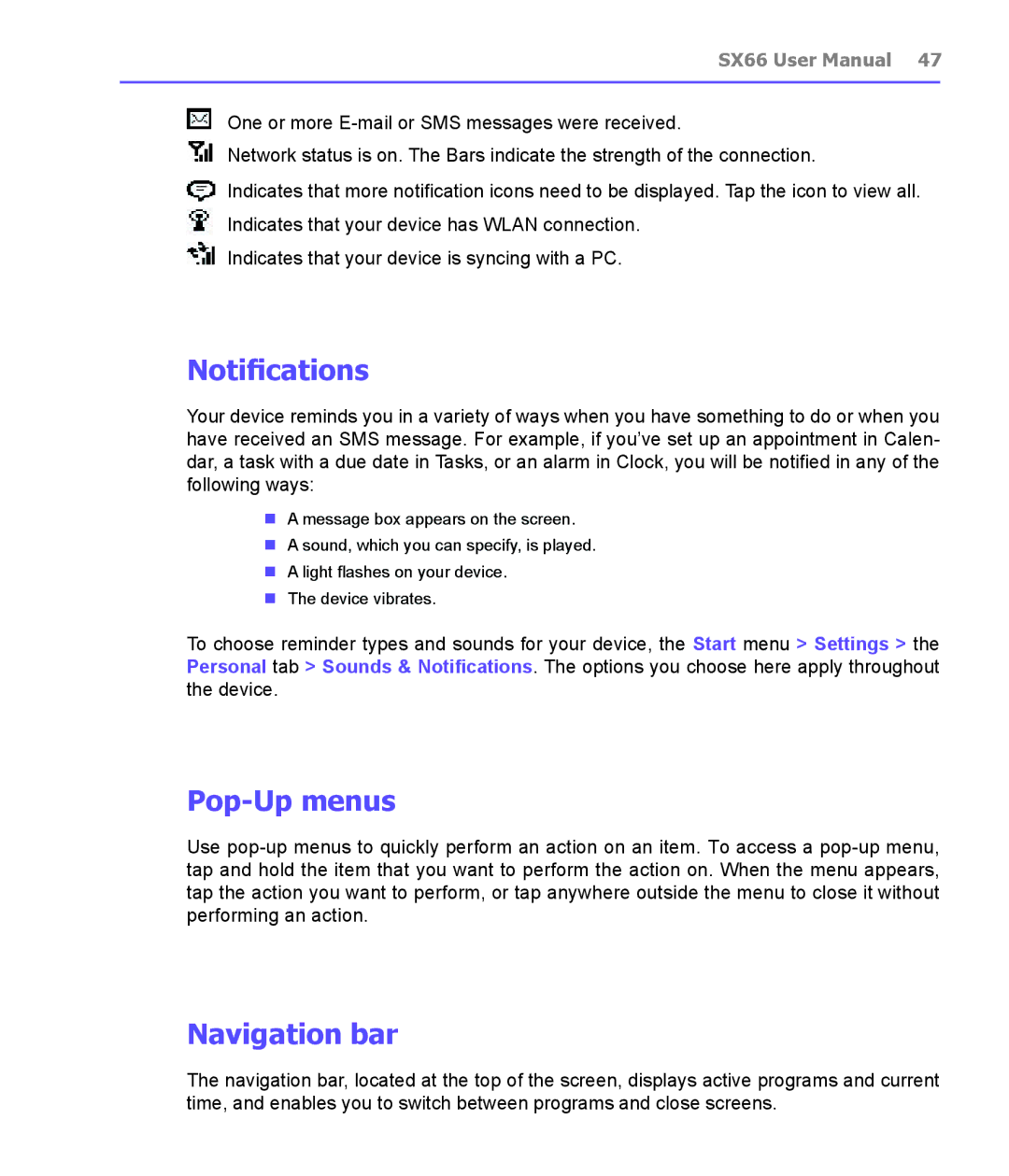 Siemens SX66 manual Notifications, Pop-Up menus, Navigation bar 