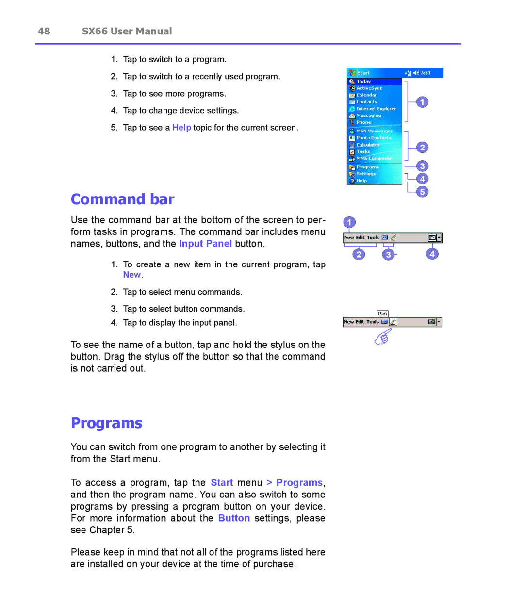 Siemens SX66 manual Command bar, Programs, To create a new item in the current program, tap New 