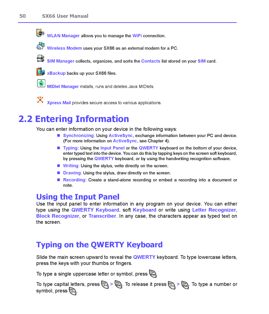 Siemens SX66 manual Entering Information, Using the Input Panel, Typing on the Qwerty Keyboard 