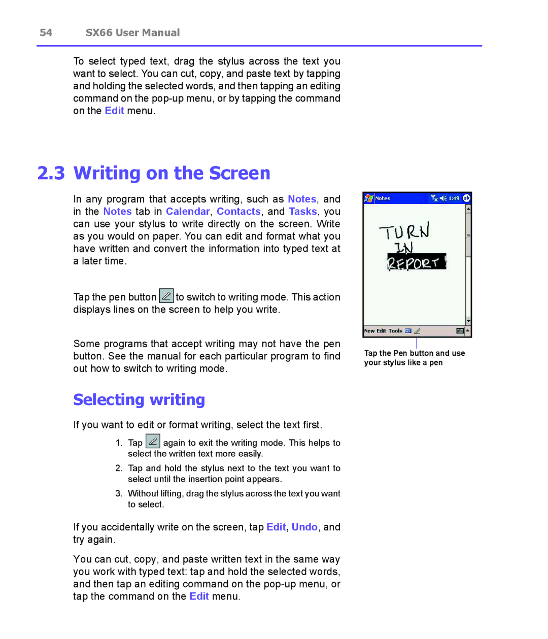 Siemens SX66 manual Writing on the Screen, Selecting writing 