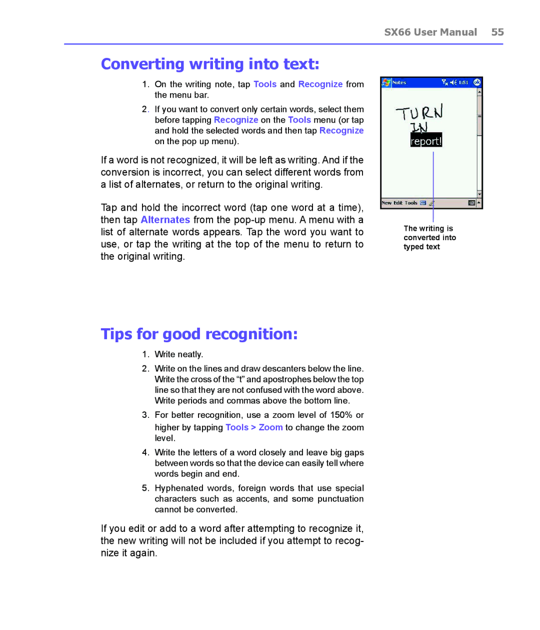 Siemens SX66 manual Converting writing into text, Tips for good recognition 