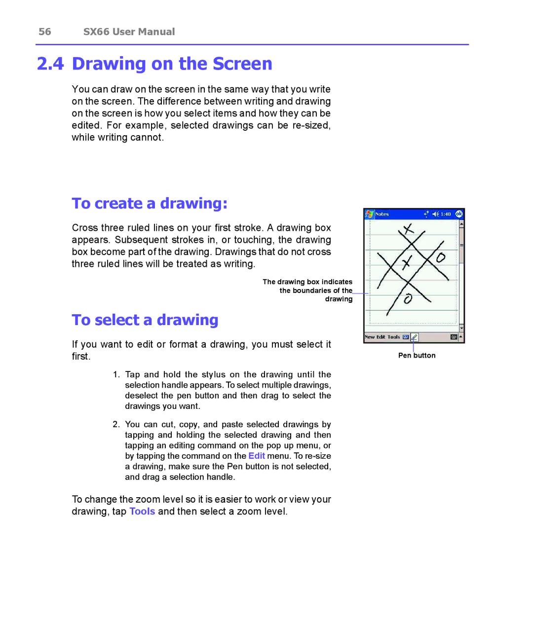 Siemens SX66 manual Drawing on the Screen, To create a drawing, To select a drawing 