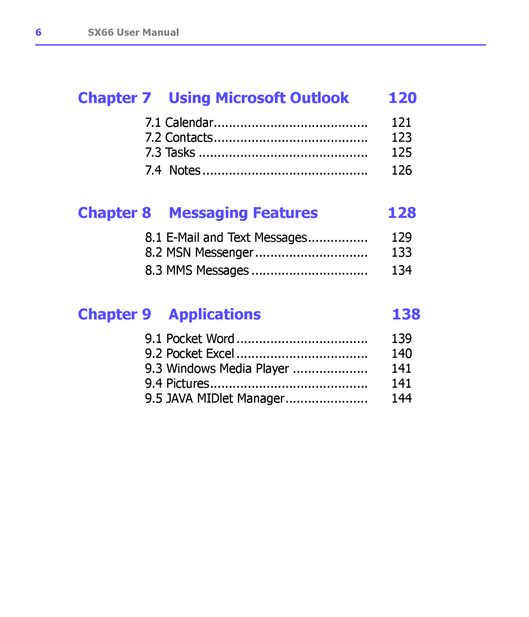 Siemens SX66 manual Using Microsoft Outlook 120, Messaging Features 128, Applications 138 