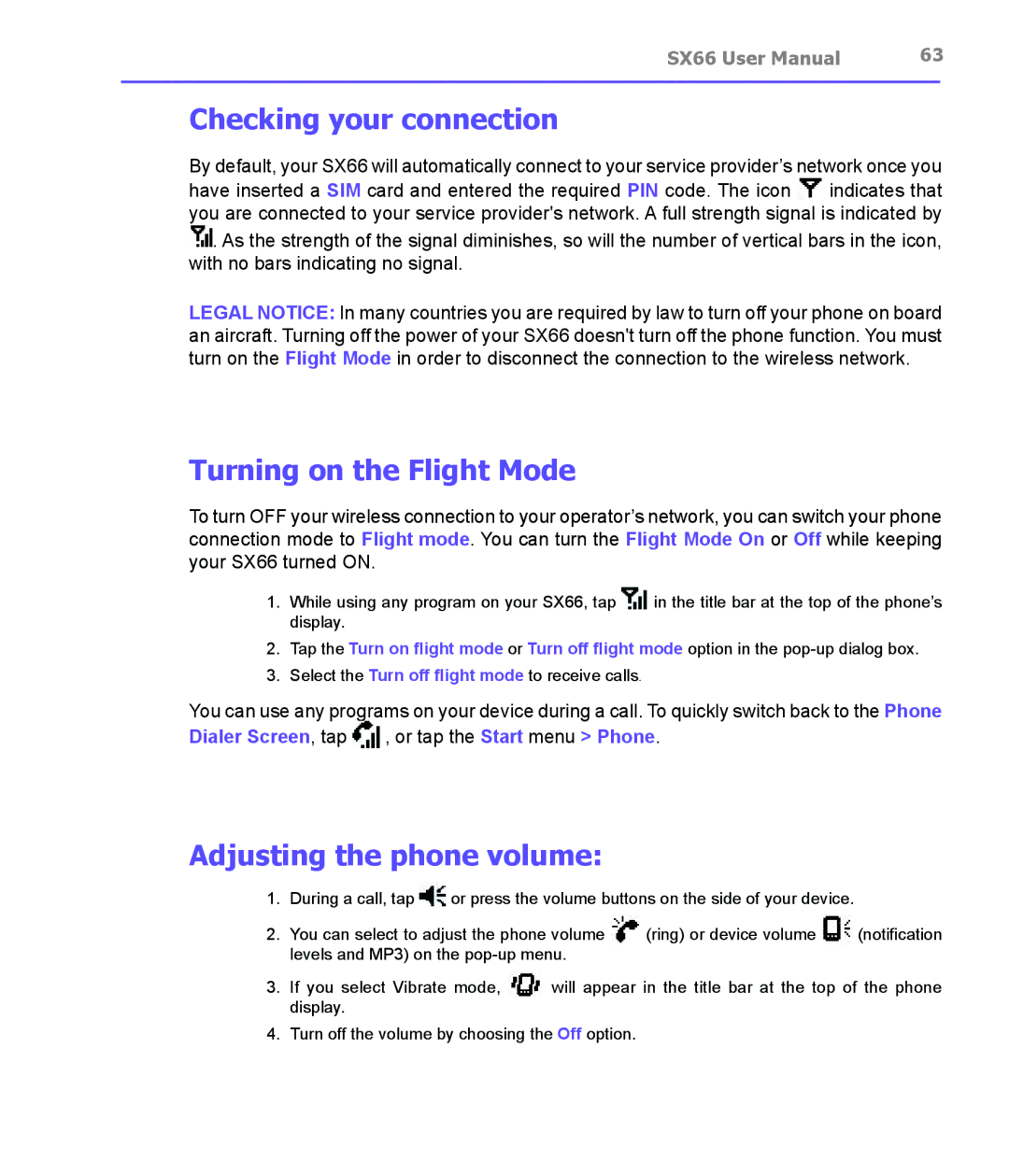 Siemens SX66 manual Checking your connection, Turning on the Flight Mode, Adjusting the phone volume 