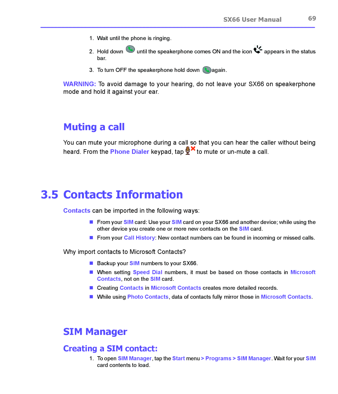 Siemens SX66 manual Contacts Information, Muting a call, SIM Manager, Creating a SIM contact 