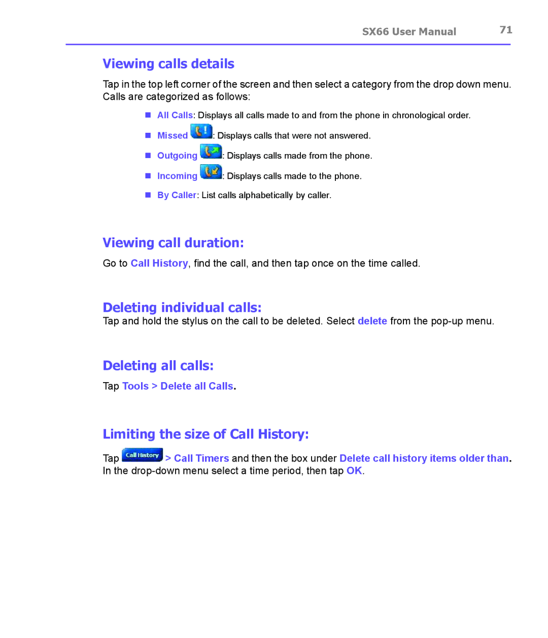 Siemens SX66 manual Viewing calls details, Viewing call duration, Deleting individual calls, Deleting all calls 