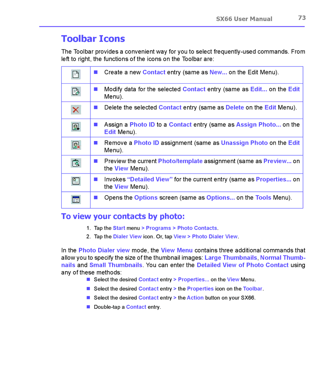 Siemens SX66 manual Toolbar Icons, To view your contacts by photo 