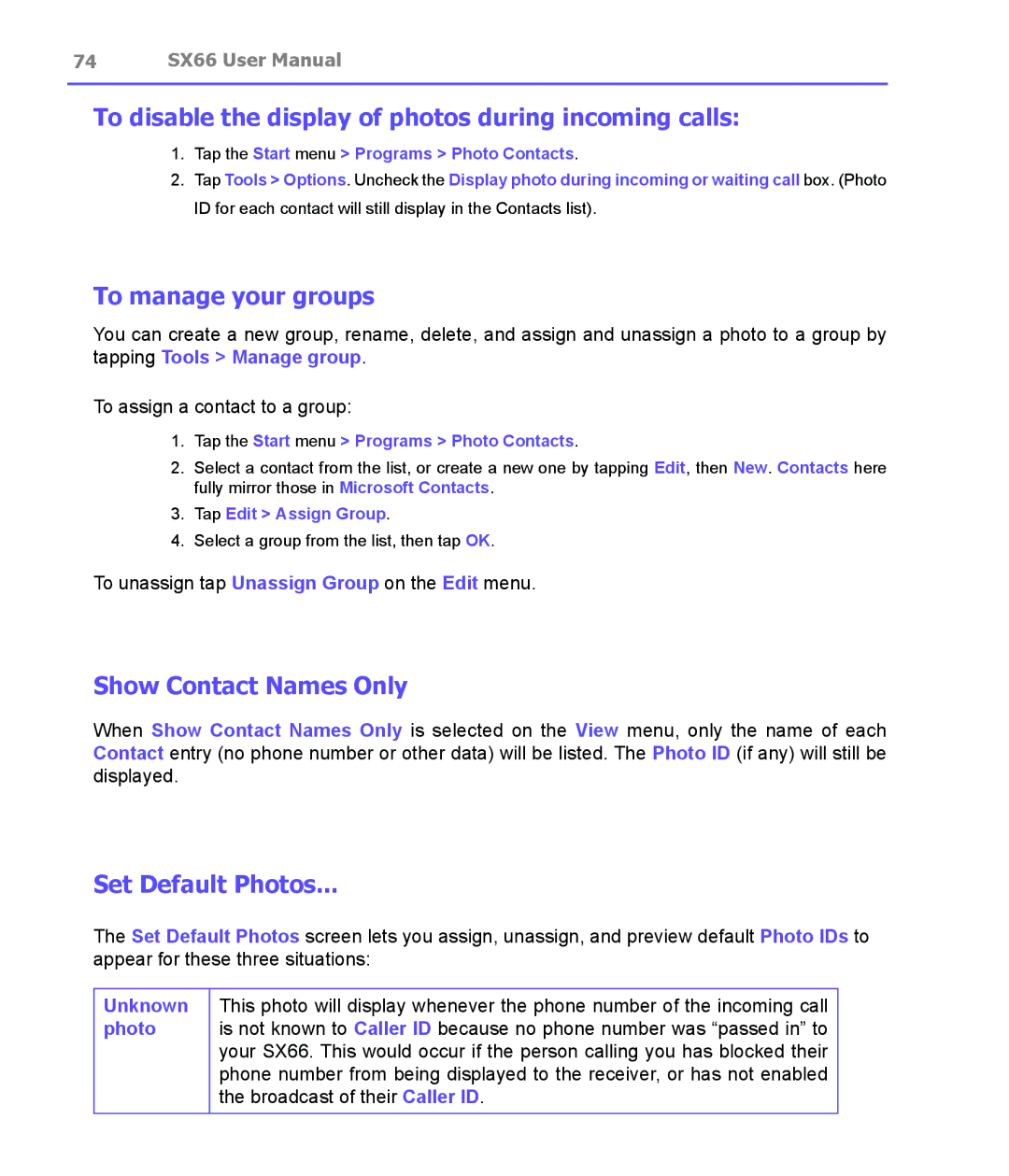 Siemens SX66 manual To disable the display of photos during incoming calls, To manage your groups, Show Contact Names Only 