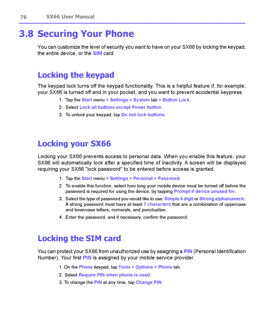 Siemens manual Securing Your Phone, Locking the keypad, Locking your SX66, Locking the SIM card 