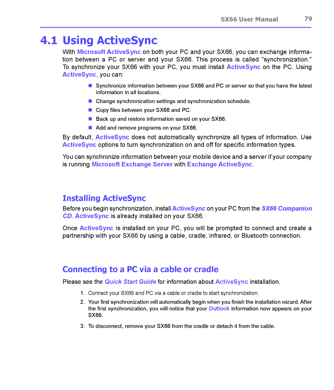 Siemens SX66 manual Using ActiveSync, Installing ActiveSync, Connecting to a PC via a cable or cradle 