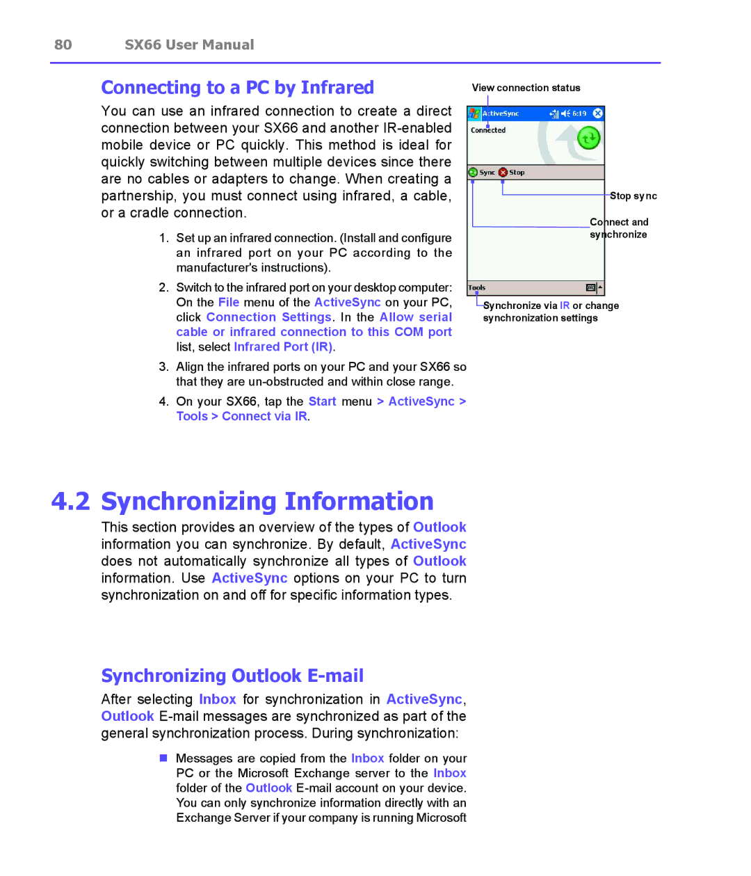 Siemens SX66 manual Synchronizing Information, Connecting to a PC by Infrared, Synchronizing Outlook E-mail 