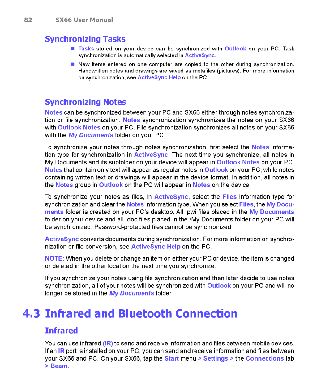 Siemens SX66 manual Infrared and Bluetooth Connection, Synchronizing Tasks, Synchronizing Notes 