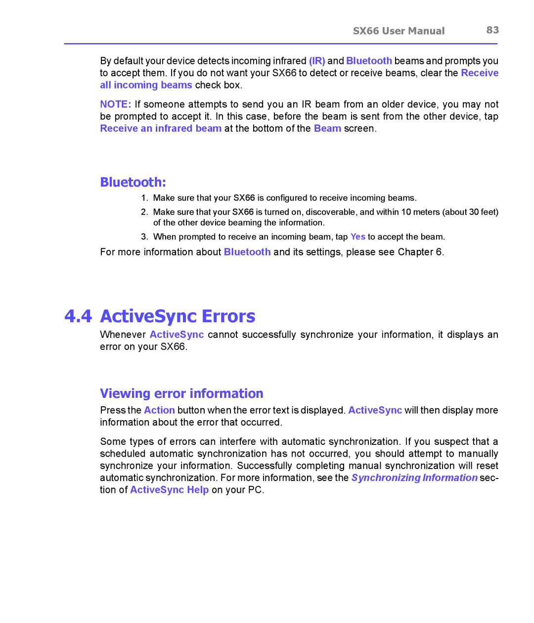 Siemens SX66 manual ActiveSync Errors, Bluetooth, Viewing error information 