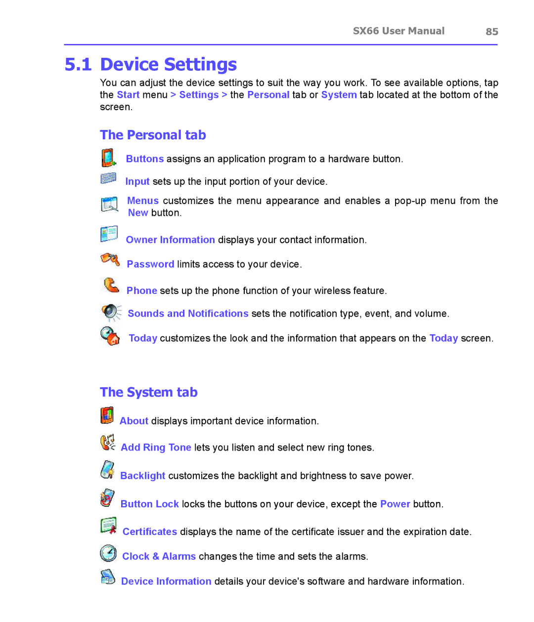 Siemens SX66 manual Device Settings, Personal tab, System tab 