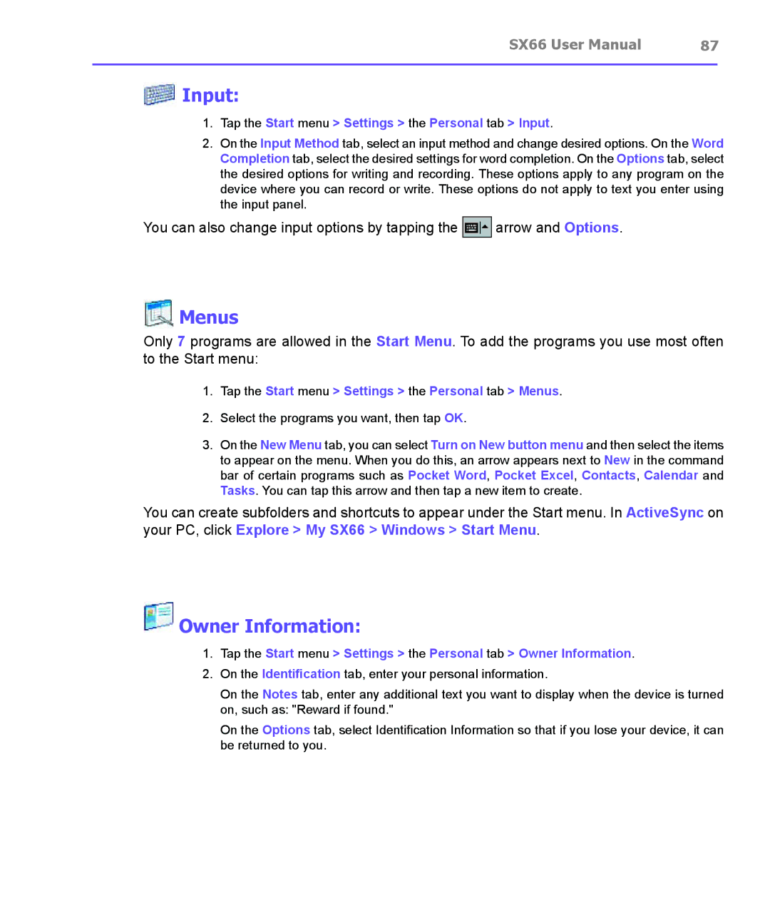 Siemens SX66 manual Menus, Owner Information, Tap the Start menu Settings the Personal tab Input 