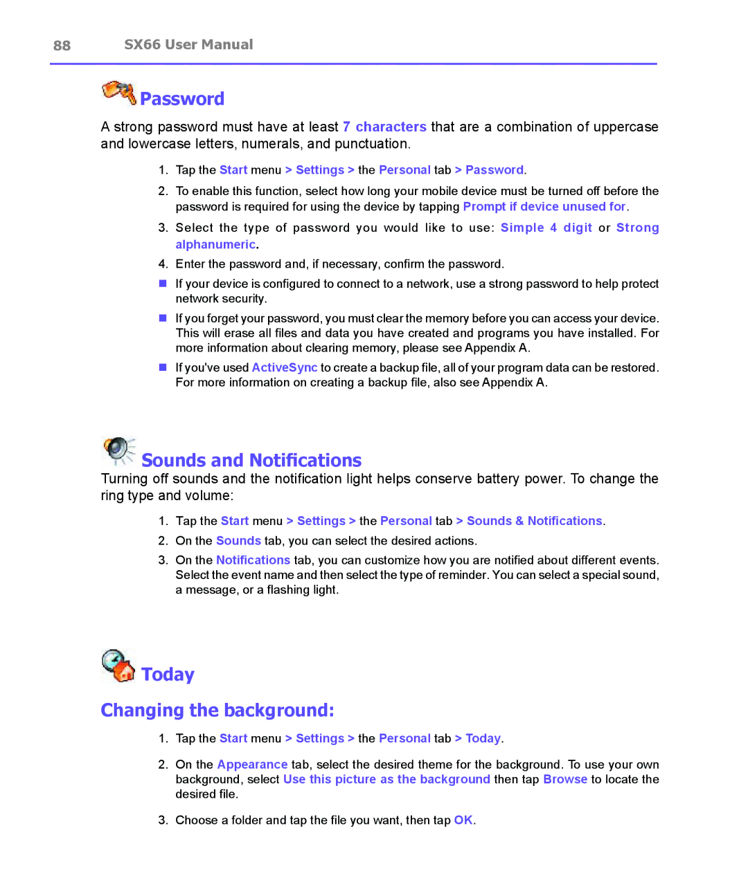 Siemens SX66 manual Password, Sounds and Notifications, Today Changing the background 