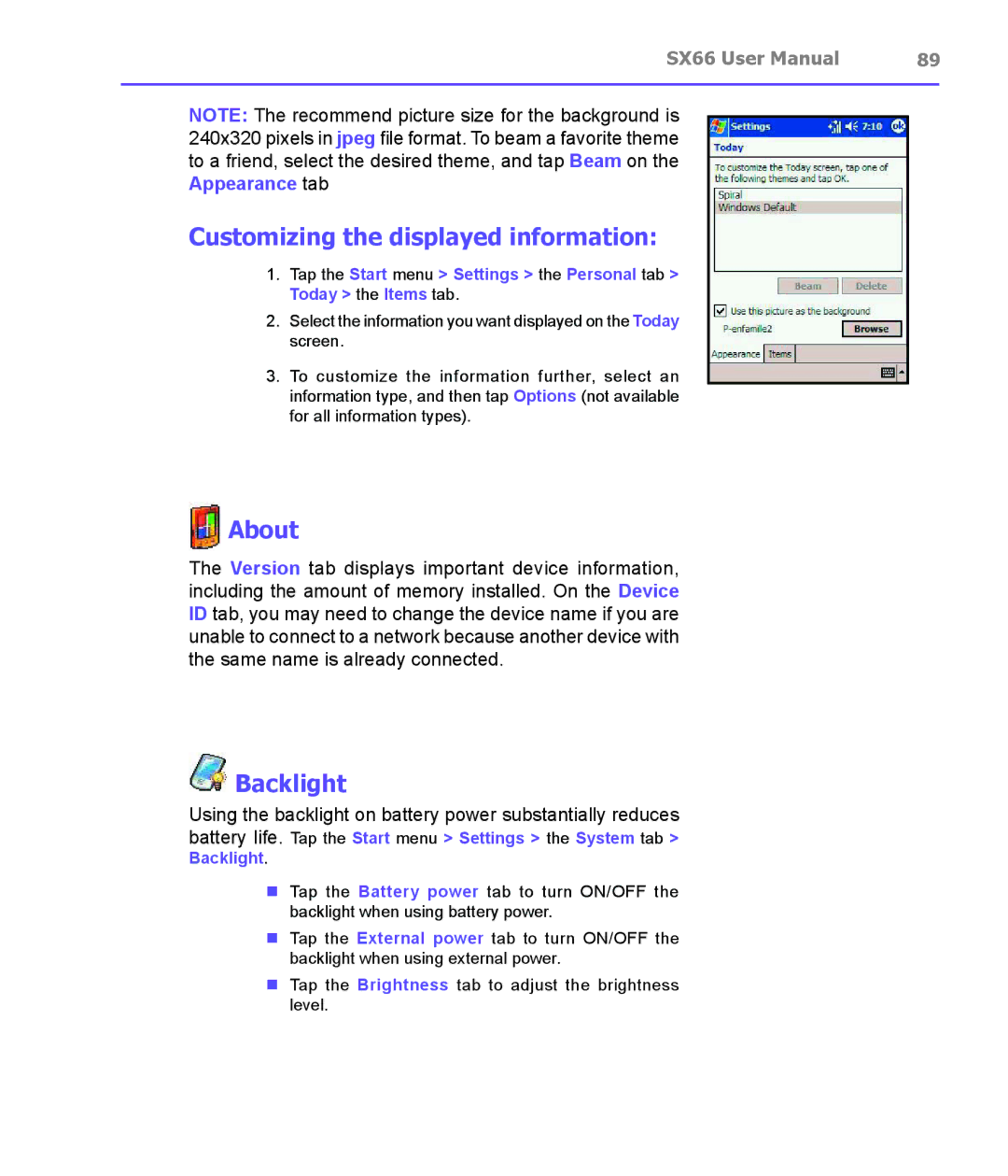 Siemens SX66 manual Customizing the displayed information, About, Backlight 