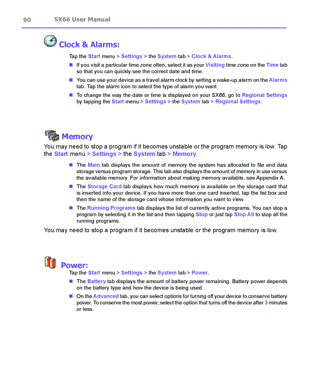 Siemens SX66 manual Memory, Power, Tap the Start menu Settings the System tab Clock & Alarms 