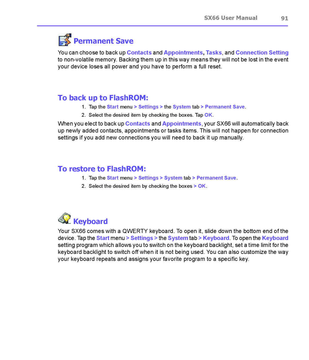 Siemens SX66 manual Permanent Save, To back up to FlashROM, To restore to FlashROM, Keyboard 