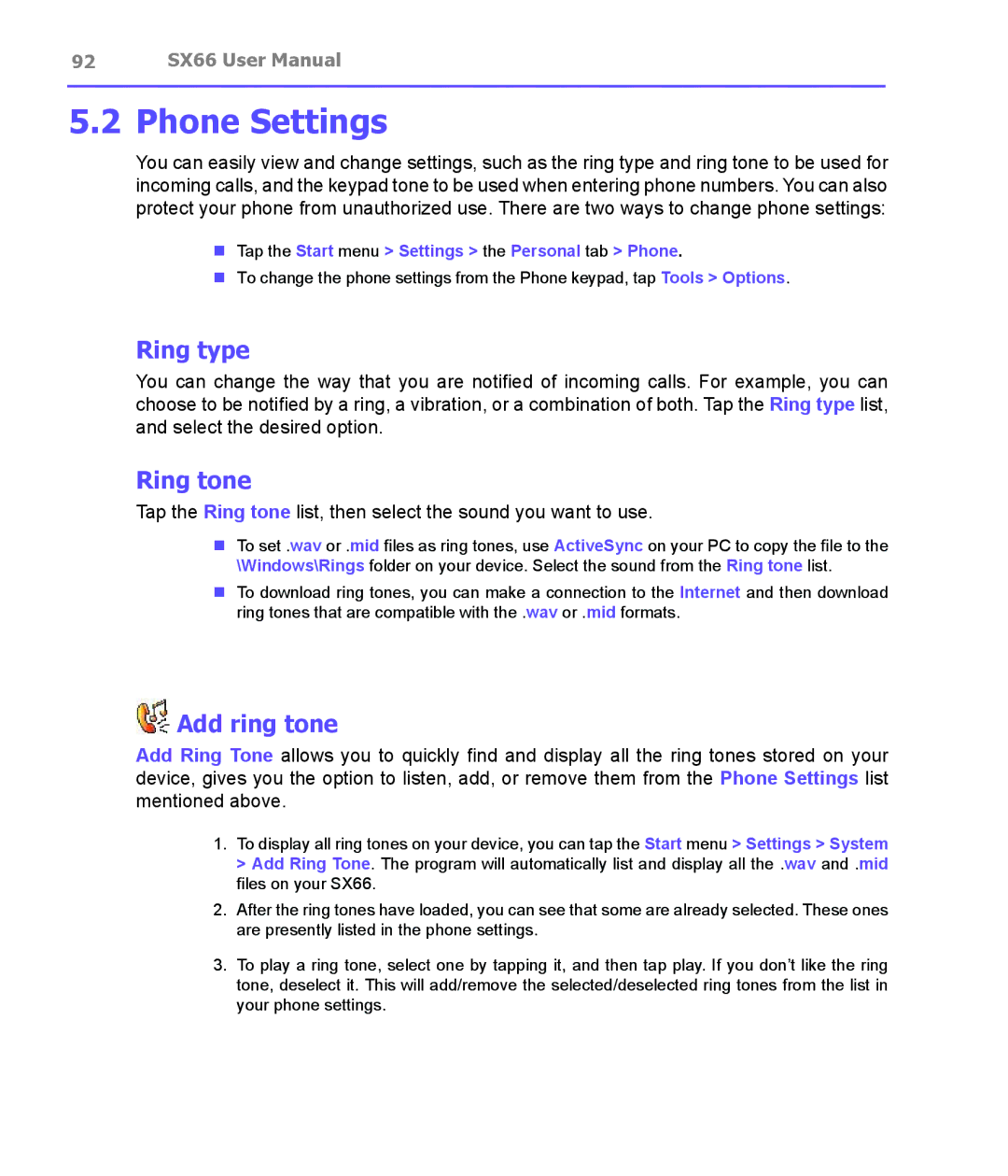 Siemens SX66 manual Phone Settings, Ring type, Ring tone, Add ring tone, Tap the Start menu Settings the Personal tab Phone 