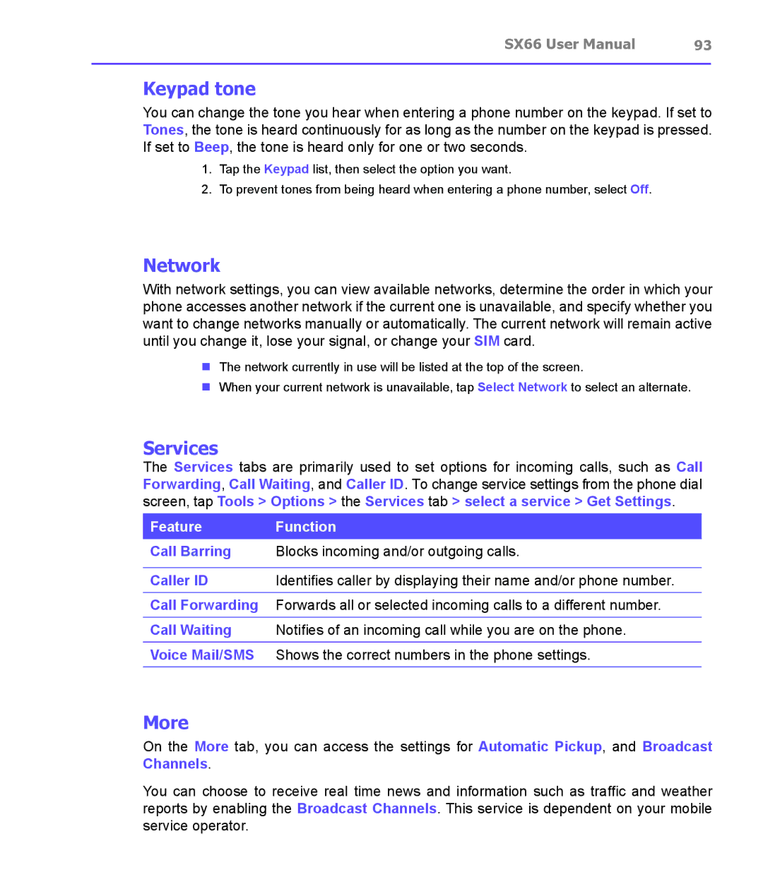 Siemens SX66 manual Keypad tone, Network, Services, More 