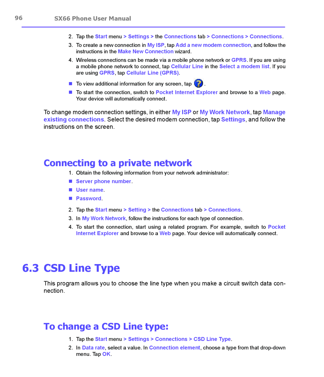 Siemens SX66 manual CSD Line Type, Connecting to a private network, To change a CSD Line type 