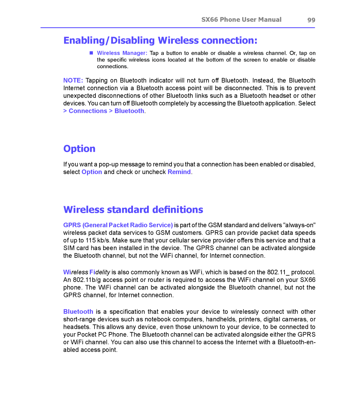 Siemens SX66 manual Enabling/Disabling Wireless connection, Option, Wireless standard definitions 