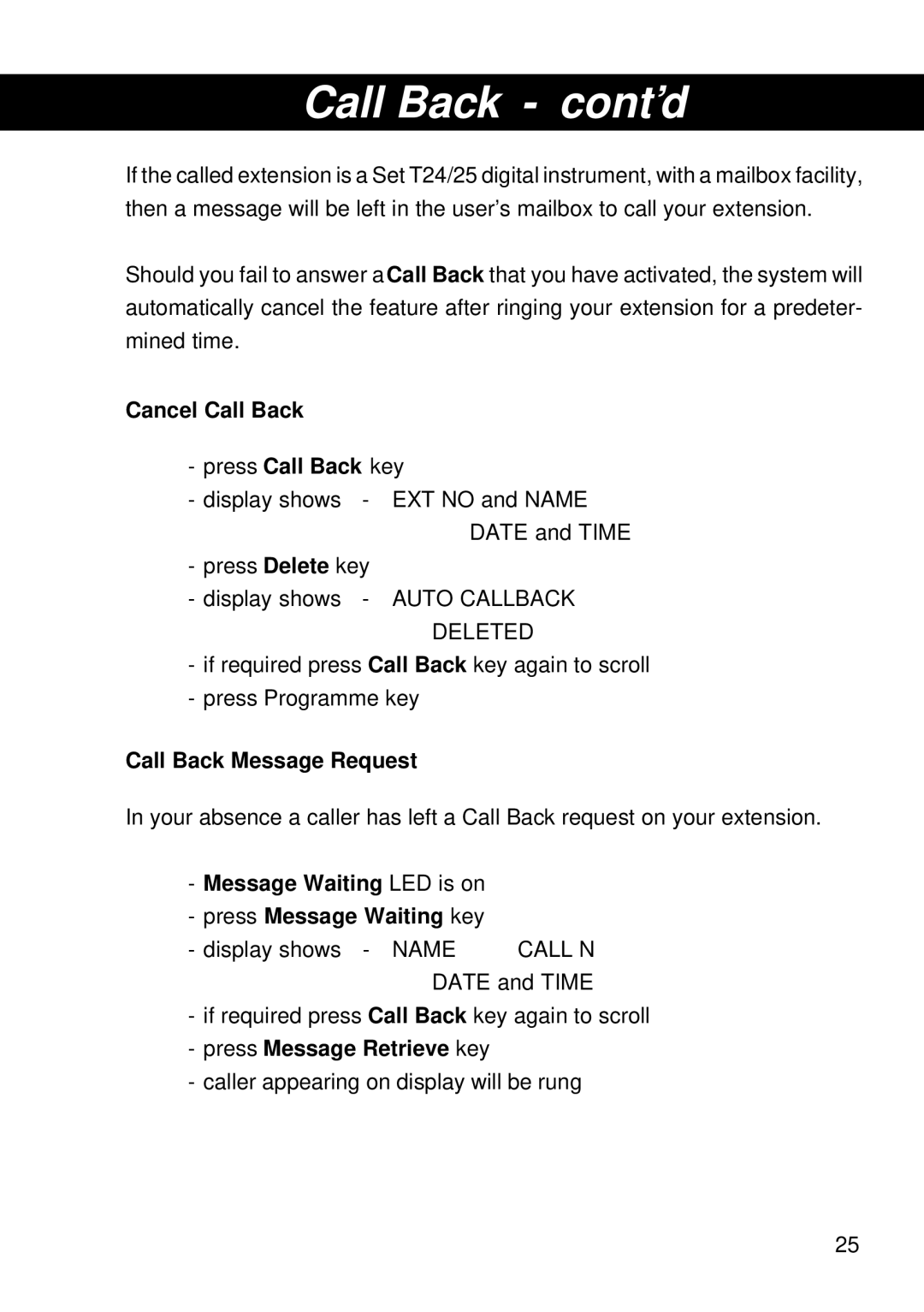 Siemens T25 Call Back cont’d, Cancel Call Back Press Call Back key, Call Back Message Request, Press Message Retrieve key 