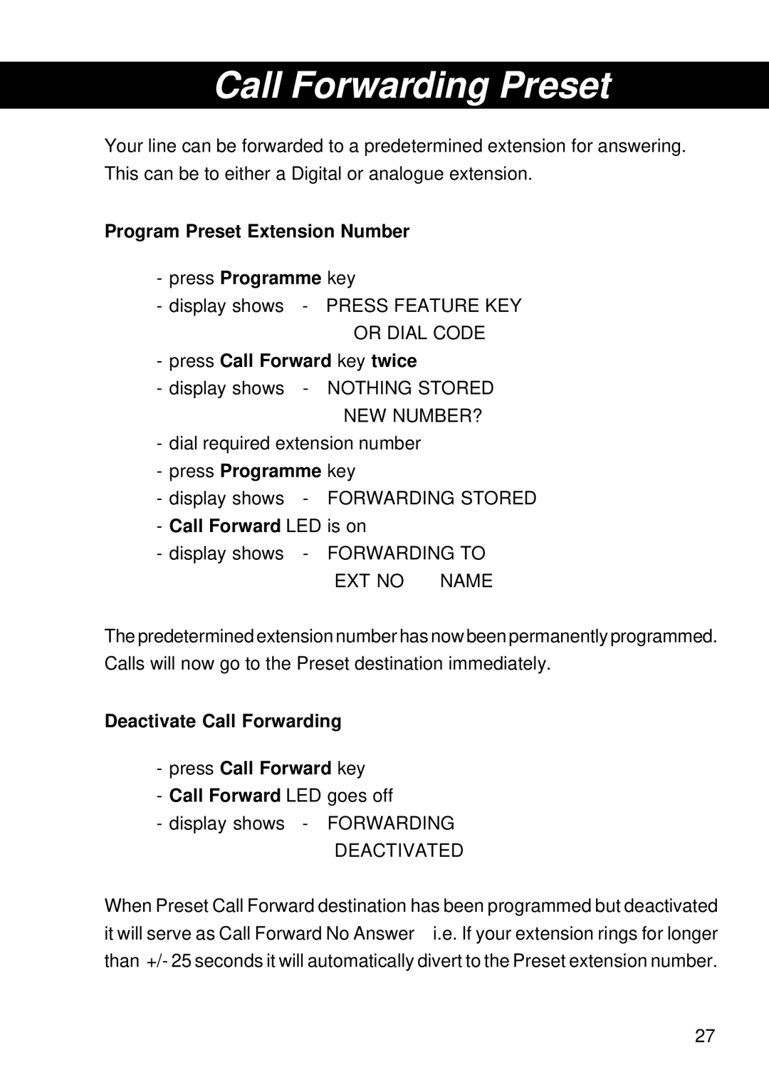 Siemens T25 operating instructions Call Forwarding Preset 