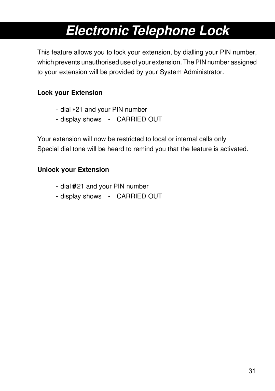 Siemens T25 operating instructions Electronic Telephone Lock, Lock your Extension, Unlock your Extension 