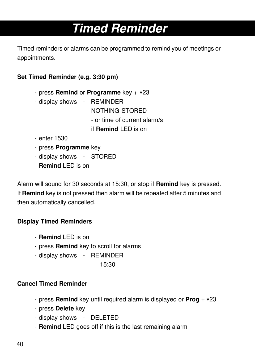 Siemens T25 operating instructions Set Timed Reminder e.g pm, Display Timed Reminders, Cancel Timed Reminder 