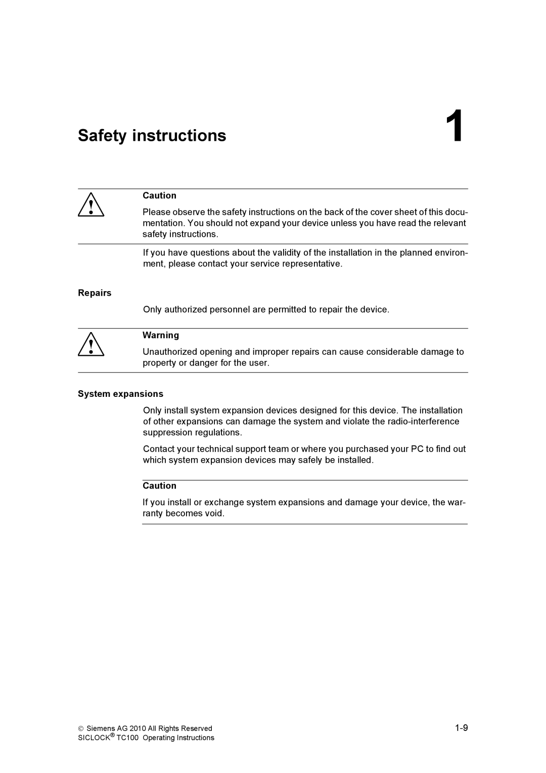 Siemens TC100 manual Safety instructions, Repairs, System expansions 