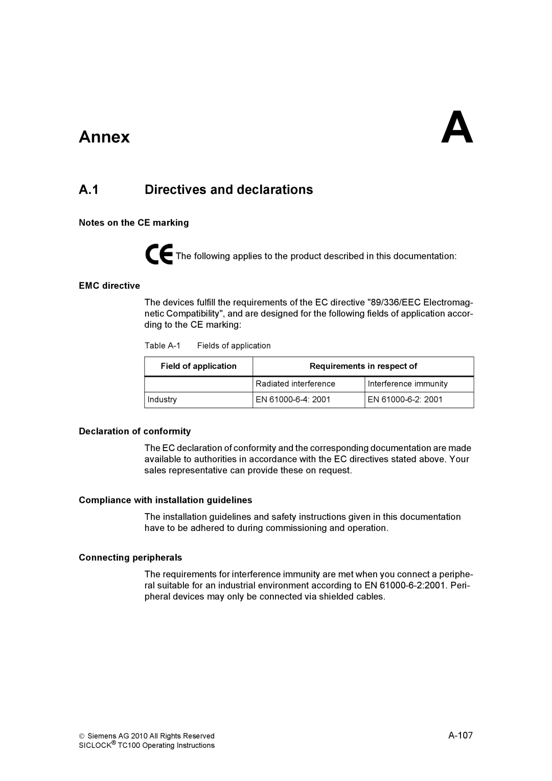 Siemens TC100 manual Annex, Directives and declarations 