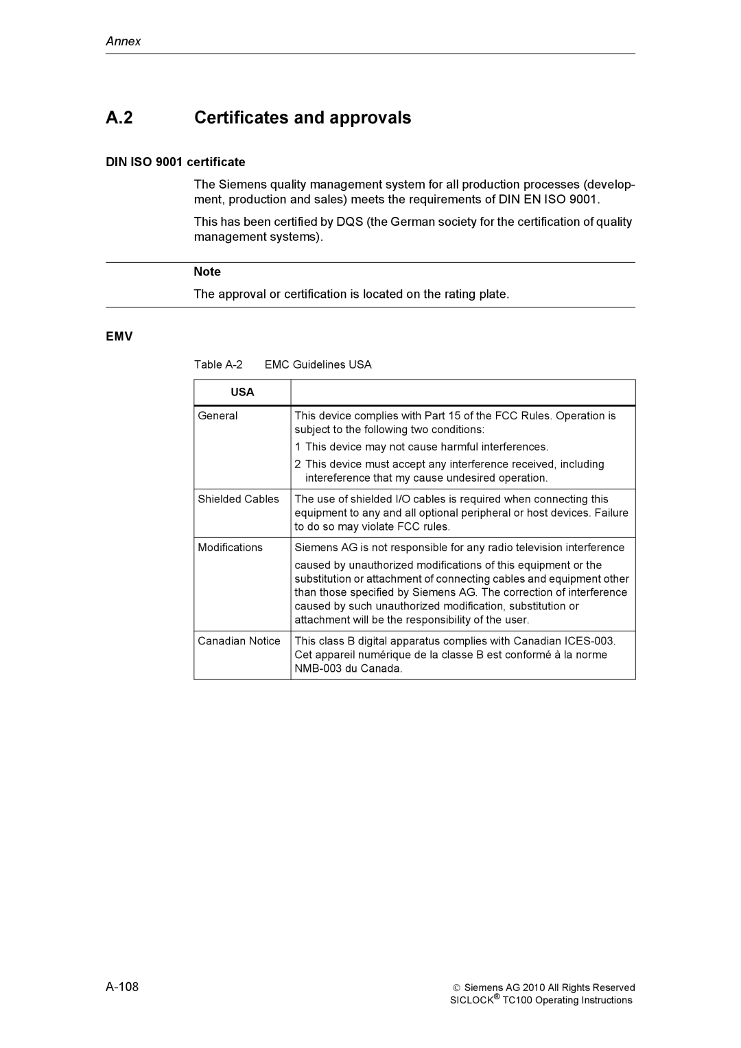 Siemens TC100 manual Certificates and approvals, DIN ISO 9001 certificate 