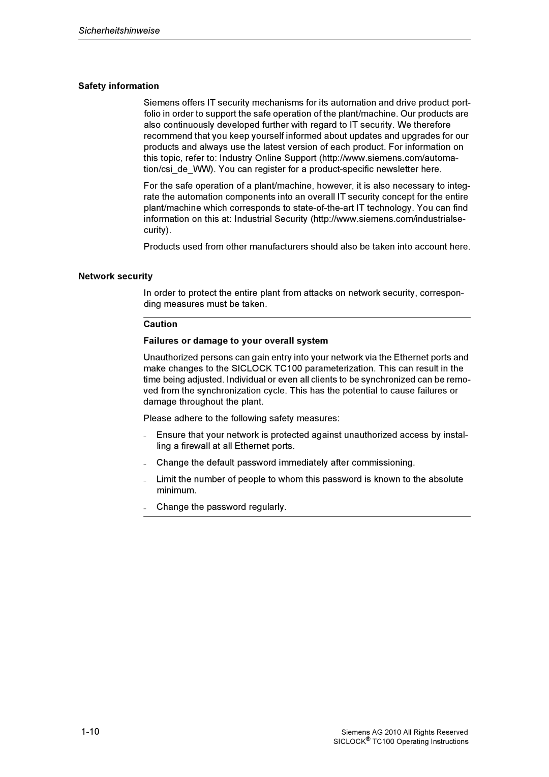 Siemens TC100 manual Safety information, Network security, Failures or damage to your overall system 