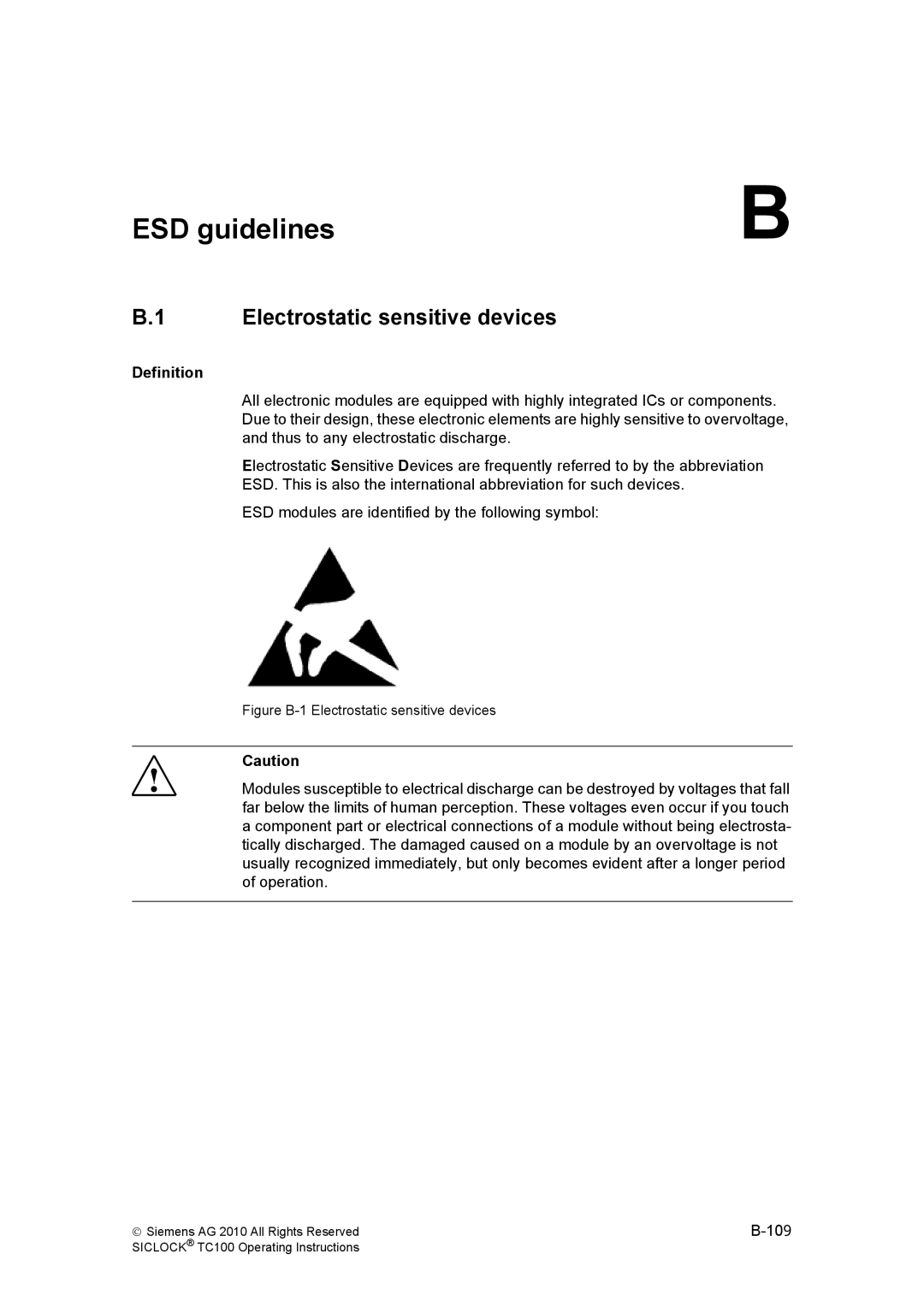 Siemens TC100 manual ESD guidelines, Electrostatic sensitive devices, Definition 