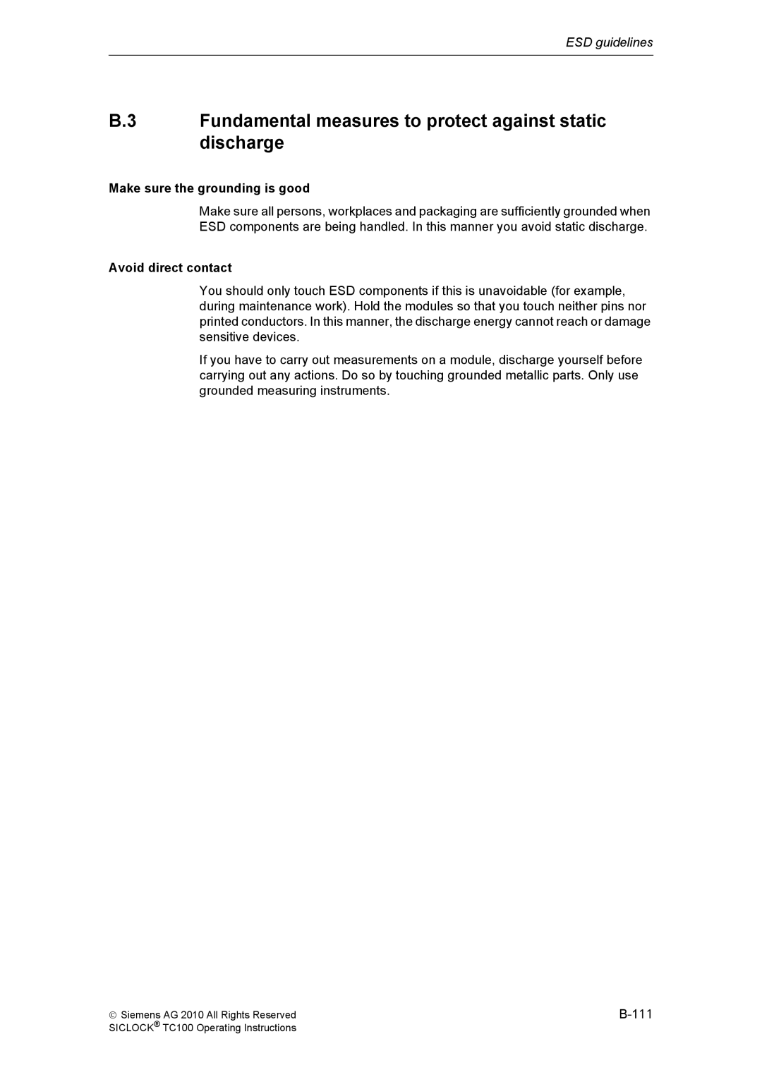 Siemens TC100 manual Fundamental measures to protect against static discharge, Make sure the grounding is good 