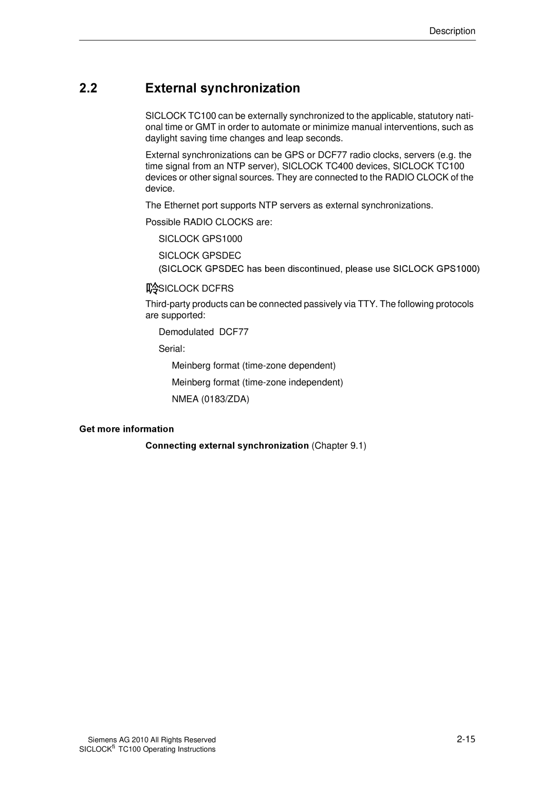 Siemens TC100 manual External synchronization, Siclock GPS1000 Siclock Gpsdec 