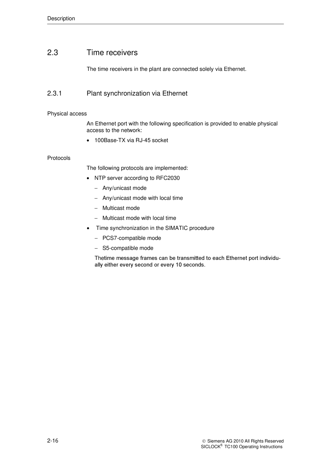 Siemens TC100 manual Time receivers, Plant synchronization via Ethernet, Physical access, Protocols 